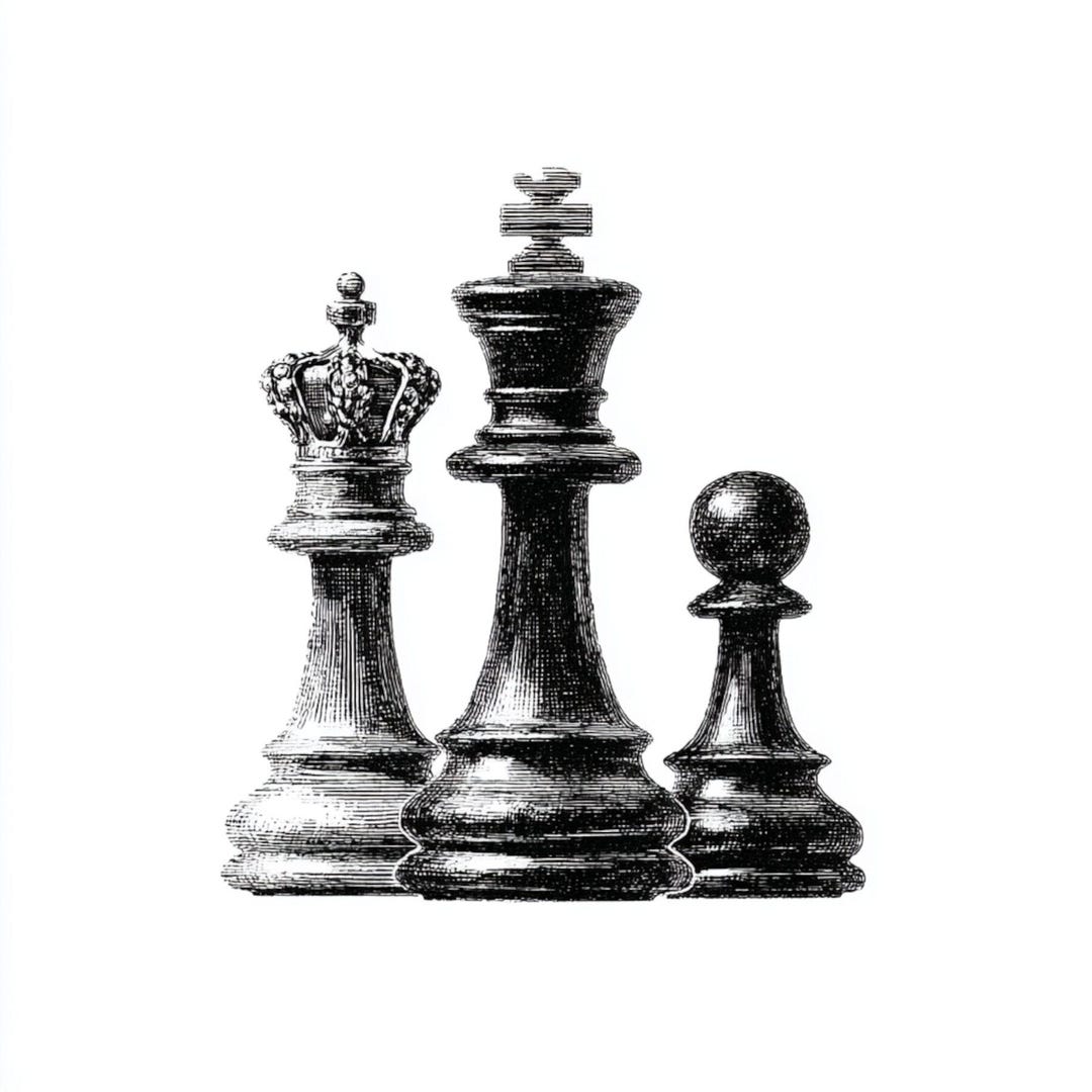 チェスの駒　白黒　アンティーク品 チェスの駒、キング・クイーン・ポーン、チェスのアートプリント、白黒