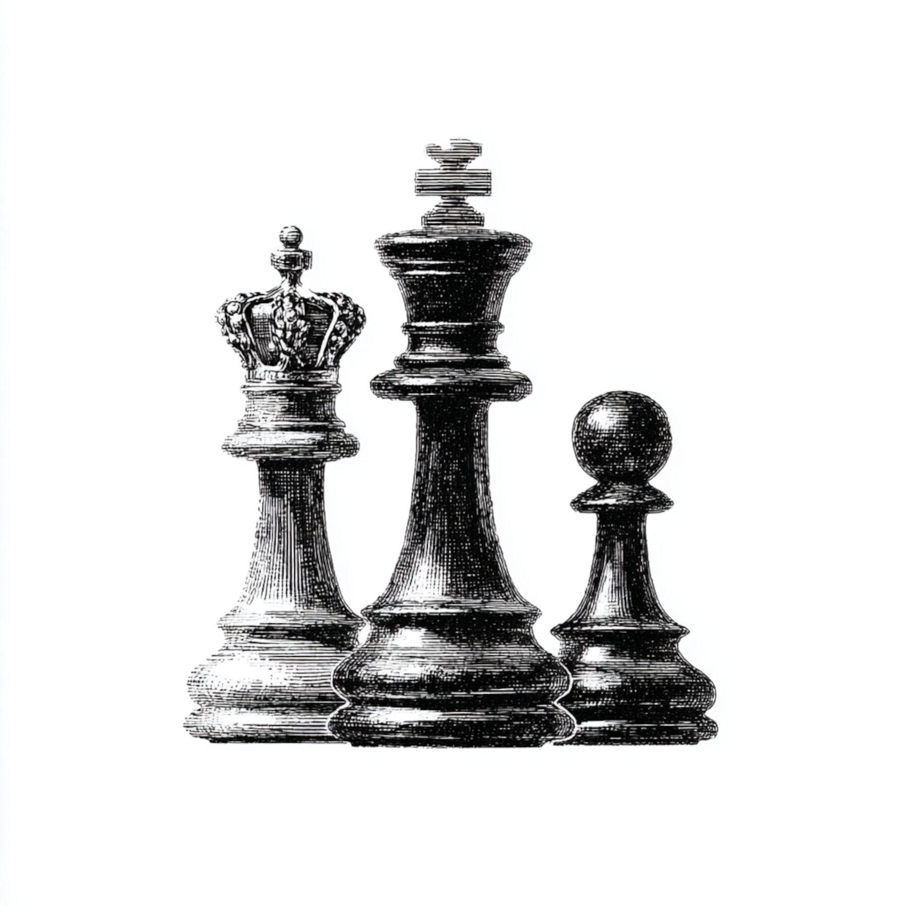 チェスの駒、キング・クイーン・ポーン、チェスのアートプリント、白黒