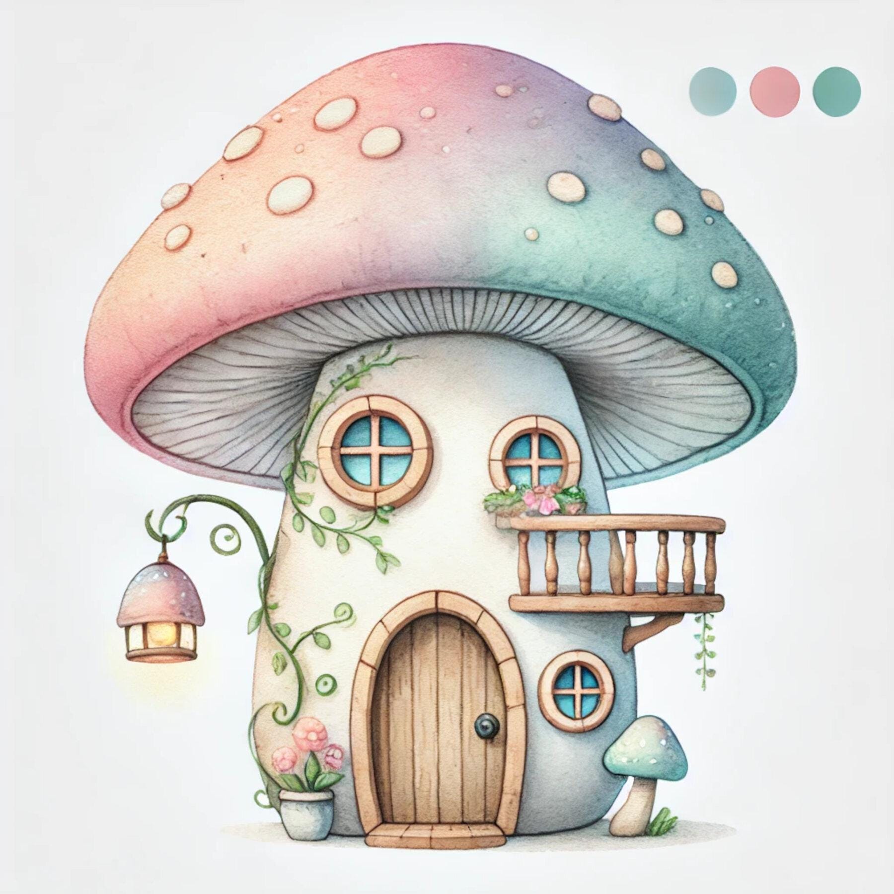 Shroomstead, mushroom clipart, fairy village, cottage core art, watercolor home, forest houses, whimsy shrooms, magical decor, JPG images