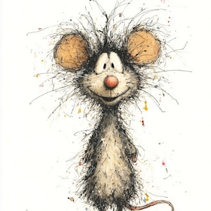 Puede incluir: Ilustración caprichosa de un ratón con una expresión alegre. El ratón tiene orejas grandes y marrones, una nariz rosada y una cola larga y delgada. Su cuerpo está cubierto de pelaje blanco y negro, y la obra presenta salpicaduras de pintura coloridas.