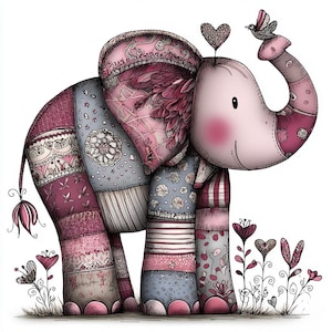 May include: A whimsical illustration of a patchwork elephant in shades of pink, gray, and burgundy. The elephant has a heart-shaped detail on its head and a small bird perched on its trunk. Decorative flowers and hearts are at the base.