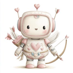 May include: A charming, cartoon-style robot in white and pink, adorned with heart accents, wings, and a bow and arrow. The robot has a heart-shaped chest and head, with arrows and hearts as decorative elements. The overall design is soft and whimsical.