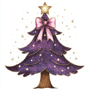 Albero rosa, fiocco di Natale, arte natalizia carina, albero glitterato, albero kawaii, clipart natalizie, arte festiva, decorazioni per alberi, albero a pois, immagini jpg