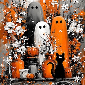 May include: A Halloween-themed painting featuring three ghost figures in gray, white, and orange, surrounded by white and orange flowers. The artwork includes pumpkins, jars, and a black cat, all set against a gray and orange background.
