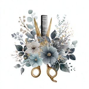 Puede incluir: Ilustración en acuarela de tijeras doradas y un peine negro, rodeados de flores y follaje azules, grises y blancos. El diseño tiene un tema floral, con un enfoque en la belleza y la peluquería.