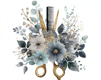 Hair Decor Art, Salon Clipart, Floral Scissors, Barber Print, Comb Flowers, Hairdresser Art, Beauty Wall Art, Hair Tools, Pastel Salon
