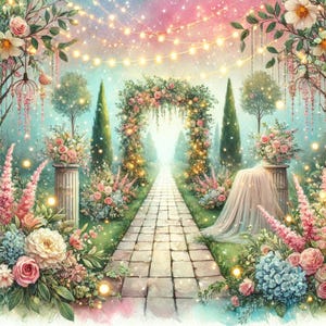 Tuinverjaardag, jubileumclipart, romantische tuin, bloemenfeest, liefde in bloei, aquarelfeest, buitenverjaardag, JPG's