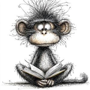 May include: A whimsical illustration of a monkey engrossed in reading a book. The monkey, with a shaggy, dark gray fur and expressive eyes, is seated and holding an open book with both hands. The artwork is detailed with fine lines and shading, set against a white background.