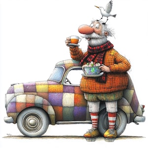 Puede incluir: Ilustración caprichosa de un hombre con una gran nariz y barba blanca, con un pájaro en la cabeza, sosteniendo tazas de té. Está de pie junto a un coche con un diseño de patchwork. El hombre lleva un suéter naranja, una bufanda a cuadros y calcetines a rayas.
