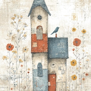 Può includere: Opera d'arte illustrata di una casa stravagante con tetto blu e porta rossa. Un uccello blu è appollaiato sul tetto. La casa è circondata da fiori stilizzati nei toni dell'arancione e del giallo, su uno sfondo bianco sporco strutturato.