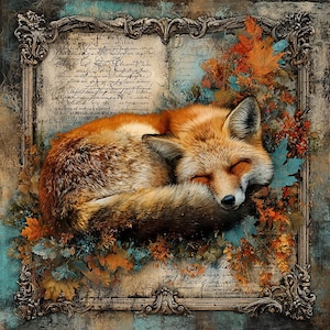 May include: A sleeping fox with orange and brown fur curled up in a decorative frame. The frame is surrounded by autumn leaves in shades of orange, red, and blue. The background has a vintage, textured appearance.