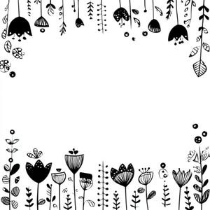 Blumenrahmen, Blumenrand, Gekritzelblumen, handgezeichnet, schwarzweiß, Blumenrahmen, botanische Skizze, Naturumriss, JPG-Bilder