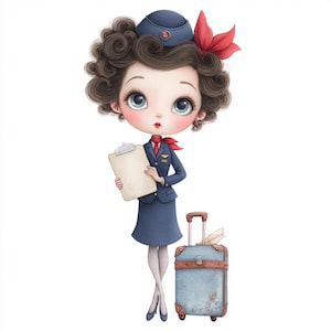 Comissária de bordo, Arte de viagem retrô, Tripulação de cabine fofa, Boneca de aeromoça, Uniforme vintage, Arte de garota viajante, Viagem caprichosa, Clipart de aviação