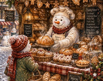 Peut inclure: Une scène enneigée montrant le stand Frostwick Bakery avec un bonhomme de neige boulanger portant une toque et un tablier, servant du pain à un client bonhomme de neige. Le stand présente des biscuits, du pain, des tartes et des panneaux.
