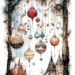 May include: Watercolour illustration of a winter scene featuring hanging baubles, musical notes, and buildings. The baubles are various colours and designs, with a whimsical, festive feel. Snowflakes and trees frame the scene.