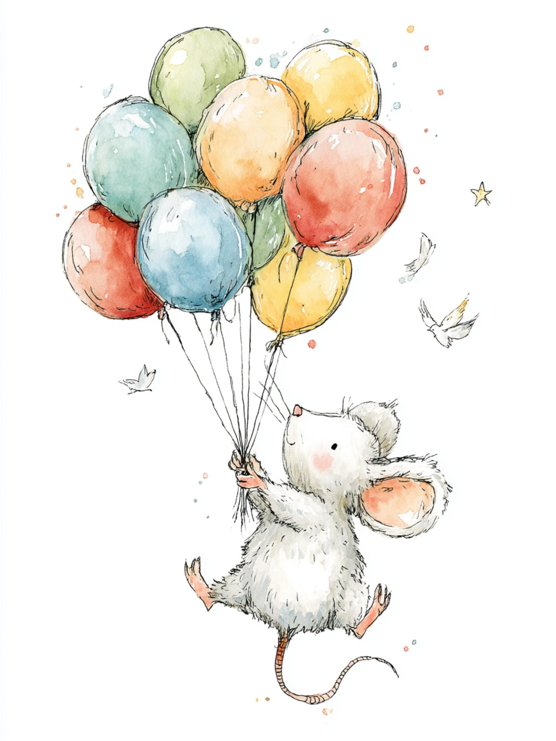 Flying High, Cute Mouse Art, Mouse With Balloons, Flying Mouse Print ...