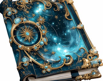 Magic Book, Celestial Art, Dreamy Book, Blue Gold Book, Fantasy Cover, Spell Book, Starry Journal, Elegant Tome, Mystic Decor