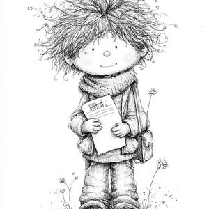 May include: A black and white illustration of a child with messy hair, wearing a scarf, sweater, and jeans. The child is holding a paper with a house drawing and carrying a satchel. The drawing style is detailed with a whimsical feel.
