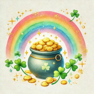 May include: A green pot filled with gold coins sits under a rainbow with shamrocks and stars.