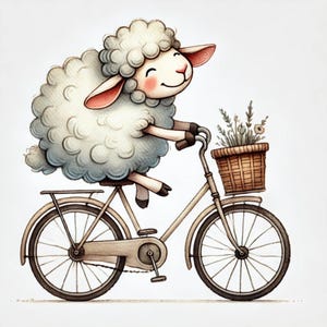 What Sheep Do, sheep clipart, cute sheep art, watercolor sheep, whimsical sheep, bike sheep, farm animal art, sheep illustration, JPG images