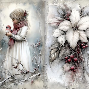 ポインセチアの花、クリスマスの花柄、水彩画のベリー、ヴィンテージの