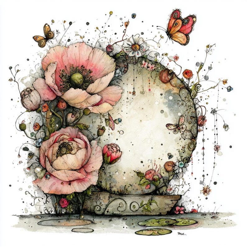May include: Watercolor illustration featuring a central, light-colored circular form adorned with pink peonies, butterflies, and delicate floral accents. The artwork has a soft, dreamy quality with a focus on botanical elements.