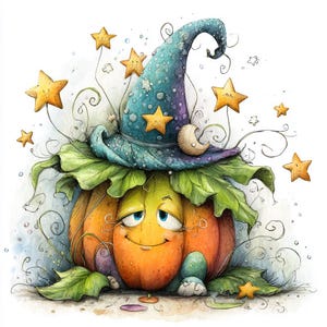 May include: A charming watercolour illustration of a smiling pumpkin wearing a witch's hat. The pumpkin is orange and green, with a friendly face. The hat is blue and purple, decorated with stars and a crescent moon. Gold stars and green leaves surround the pumpkin.