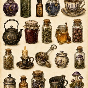 Pode incluir: Uma coleção de frascos de boticário de vidro, garrafas e conjuntos de chá de cerâmica com motivos celestiais de luas e estrelas, padrões florais, ervas secas, mel, cogumelos e velas, dispostos sobre um fundo de cor de pergaminho.