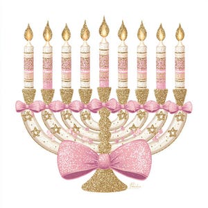 May include: An illustration of a menorah with nine candles. The candles are pink and white with gold glitter accents. The menorah base and bows are gold glitter, and the design includes pink bows and star details.