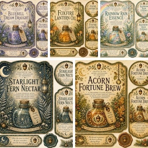 May include: A collection of five decorative apothecary labels and tags featuring illustrations of glass bottles filled with magical potions. Each label displays ornate typography, botanical motifs, and acorn accents, including titles like Bluebell Dream Draught, Foxfire Lantern Oil, Rainbow Rain Essence, Starlight Fern Nectar, and Acorn Fortune Brew.