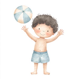 ビーチボーイアート、夏の男の子、プールでの楽しい時間、水着、かわいい子供のアート、海遊び、子供のクリップアート、晴れた日の雰囲気、水の日、JPG画像