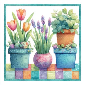 May include: Watercolor illustration of three potted plants. The left pot has tulips, the middle pot has purple flowers, and the right pot has green leafy plants. The pots are blue, orange, and pink, set against a colorful checkered background.