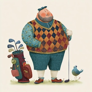 May include: Illustration of a golfer in a patterned sweater vest, shorts, and a cap, holding a golf club. A golf bag with clubs and a small blue bird are nearby. The color palette includes shades of blue, orange, and brown.