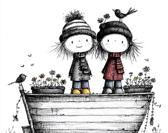 Whimsical Winter Friends Clipart, Hand-Drawn Kids in Boat PNG, Cozy Hats and Scarves Illustration, Minimalist Line Art