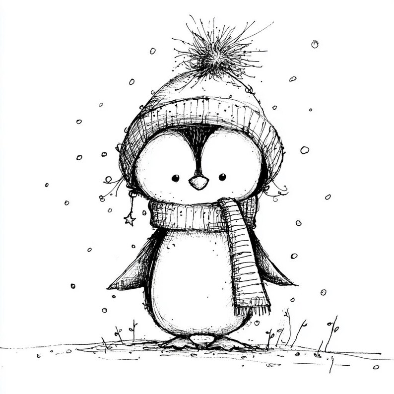May include: A black and white illustration of a penguin wearing a knit hat and scarf. The penguin has large eyes and is standing in a snowy scene. The hat has a pom-pom and a star charm.