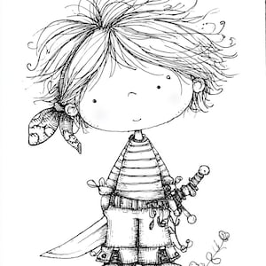 May include: Black and white illustration of a cartoon pirate character. The character has messy hair, a striped shirt, shorts, boots, and a bandana. A sword is held in one hand.