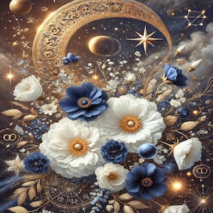 art céleste, fleurs de lune, nuit étoilée, art du zodiaque, magie florale, floraison cosmique, flore mystique, impression de galaxie, vibrations lunaires, images jpg