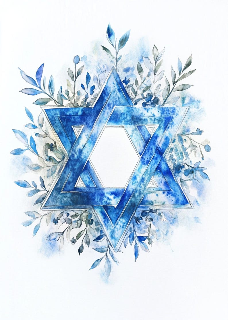 May include: A blue watercolour Star of David with a white centre, surrounded by blue and grey watercolour leaves and flowers.