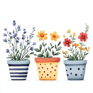 May include: Three potted plants with colorful flowers. The first pot is blue with white stripes and contains lavender-like flowers. The second pot is yellow with red polka dots and has yellow flowers. The third pot is blue with dark blue polka dots and has red and yellow flowers.