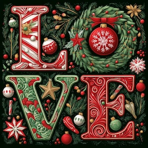 Amor navideño, arte de amor navideño, letrero festivo de pared, arte de palabras navideñas, tipografía navideña, decoración roja y verde, letrero de amor invernal, arte de decoración alegre