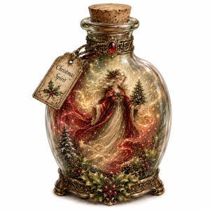 Pacchetto di clipart di bottiglie magiche di Natale, bottiglie di pozioni festive, PNG ad acquerello fantasy invernale, illustrazioni di bottiglie di fate natalizie
