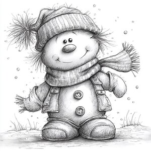 May include: A pencil sketch of a smiling snowman wearing a striped hat with a pom-pom, a scarf, a jacket with two buttons, and mittens. Snowflakes are falling around the snowman, and it is standing on a snowy surface.