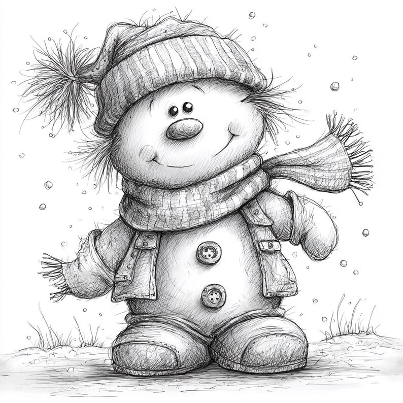 May include: A pencil sketch of a smiling snowman wearing a striped hat with a pom-pom, a scarf, a jacket with two buttons, and mittens. Snowflakes are falling around the snowman, and it is standing on a snowy surface.