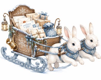 Peut inclure: Un traîneau en bois orné de flocons de neige blancs et de deux lanternes, tiré par deux lapins blancs portant des harnais bleus. Le traîneau est rempli de cadeaux emballés, d'un sac bleu et d'enveloppes marquées Frostwick Post.