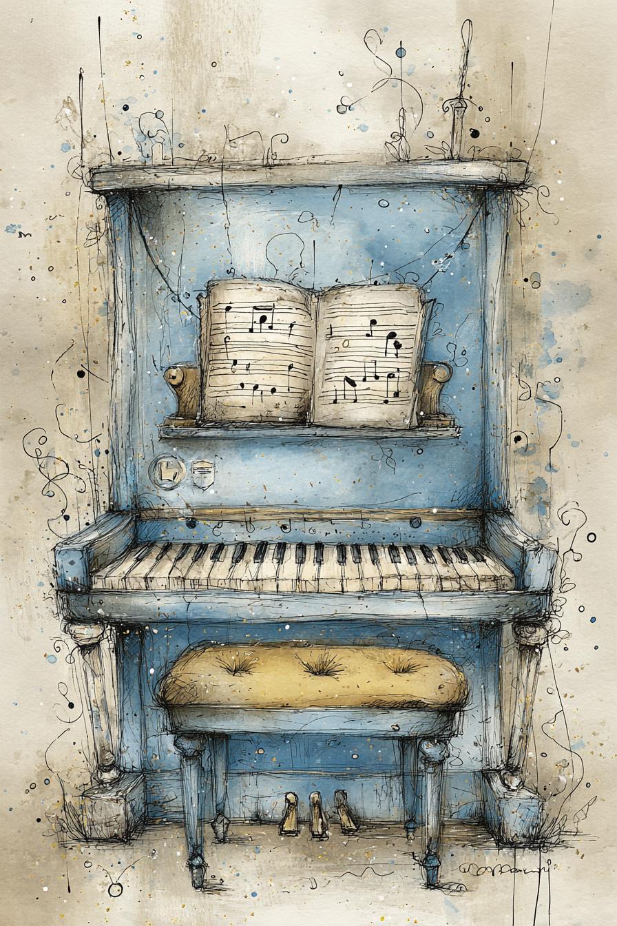 Old Piano Art, Blue Piano, Music Room Art, Whimsical Keys, Ink