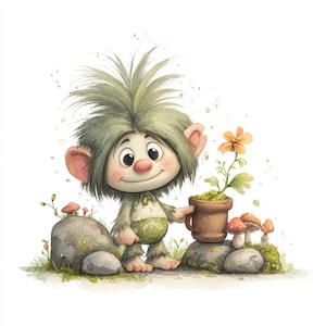garden troll, plant sprite, fairy troll, moss child, troll with pot, forest troll, flower troll, tiny troll, cute troll, garden sprite