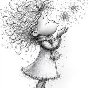 May include: A black and white illustration of a child blowing snowflakes. The child is wearing a dress, scarf, and boots. The child's curly hair is blowing in the wind. The snowflakes are detailed and delicate.