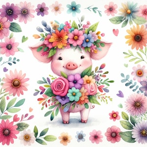 Cochons printaniers, porcelets printaniers, cochons fleuris, animaux de la ferme mignons, cochons pastel, animaux de compagnie printaniers ludiques, journaux indésirables, éphémères, images JPG