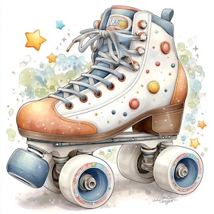 retro skates, pastelkleurige laarzen, quadwheels, rollerdisco, steraccenten, regenboogveters, schattige skater, vintage stijl, schaatsplezier