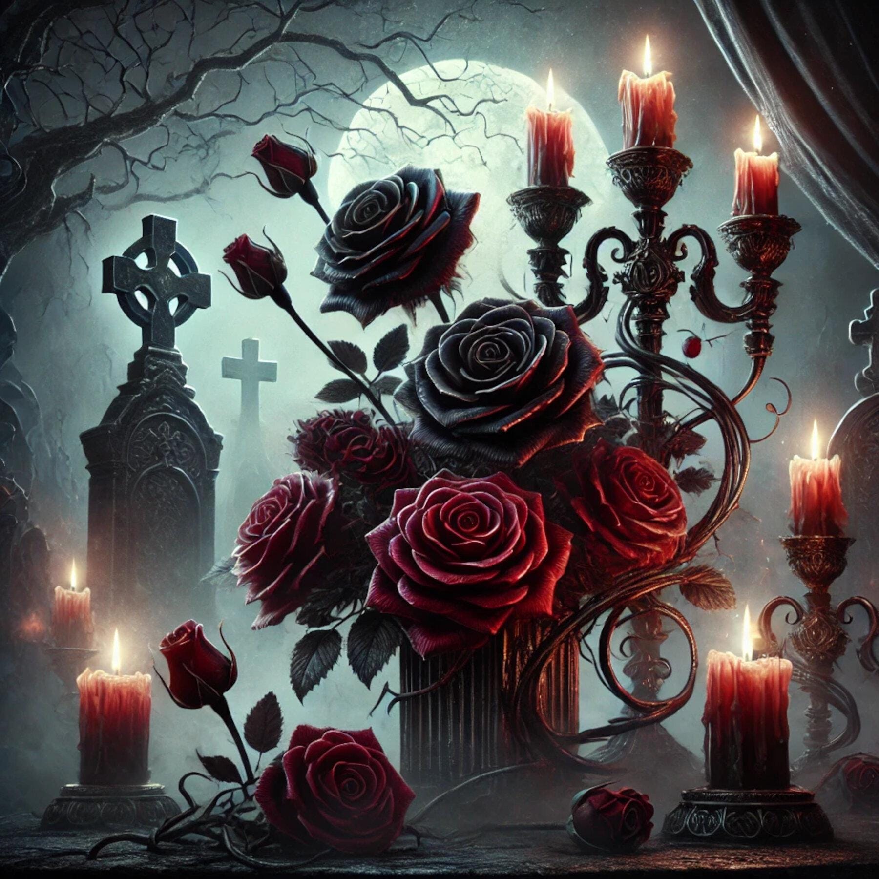 Dark Gothic Roses, Gothic Roses, Moonlit Graveyard, Eerie Candles ...
